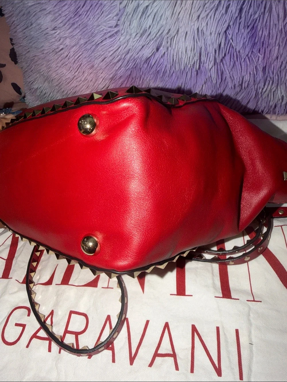 Valentino Red Leather Rockstud Shoulder Bag with Gold Hardware